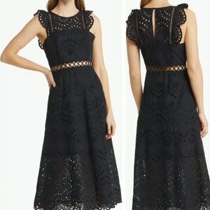 SAM EDELMAN Black Cotton Eyelet Scallop Hem Sleeveless Midi Dress